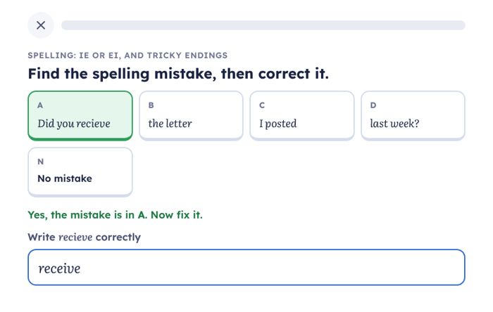 The grammar app: find the spelling mistake, then type the correction